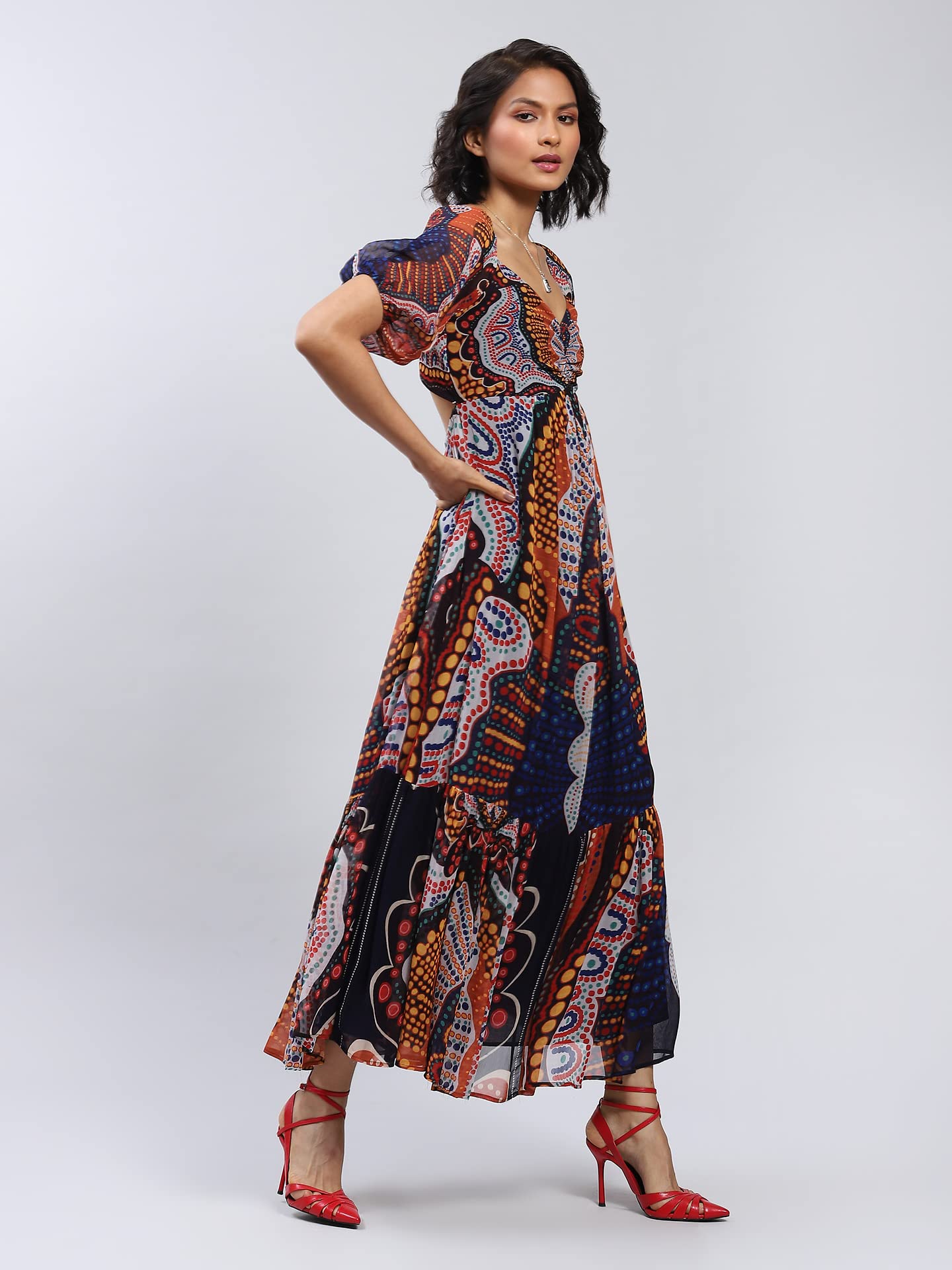 Label RITU KUMAR Sweetheart Neck Printed Long Dress Black