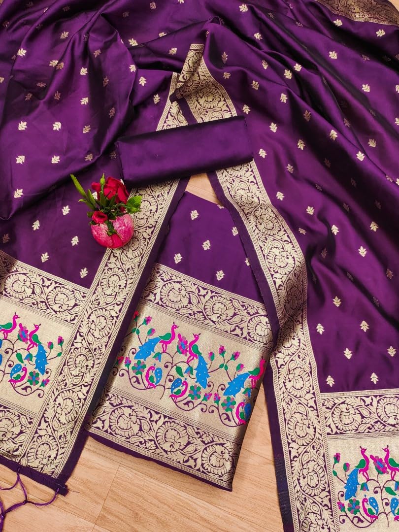 SHANTVAN GALLERY Banarasi Dress Materials for Women Unstitched Suit Set with Dupatta, Pure Zari Soft Banarasi Silk Suit Material for Women Unstitched Peacock Design Salwar Suit Material - Purple
