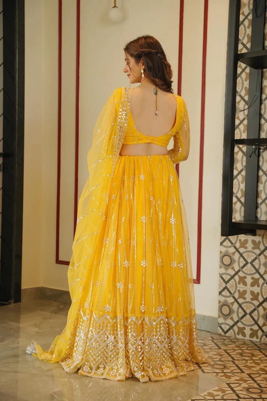 Fashion Basket Net Yellow Lehnega Choli For Womens (FB-LH-L8265-Yellow)