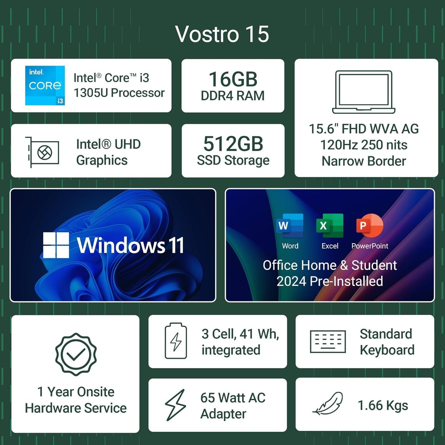 Dell 15, Intel Core i3 13th Gen - 1305U, 16 GB:DDR4 RAM, 512GB, FHD 15.6"/39.6 cm Narrow Border Display, Windows 11, Office H&S 2024, Carbon Grey, Intel UHD Graphics, 1.66 Kg Thin & Light Laptop