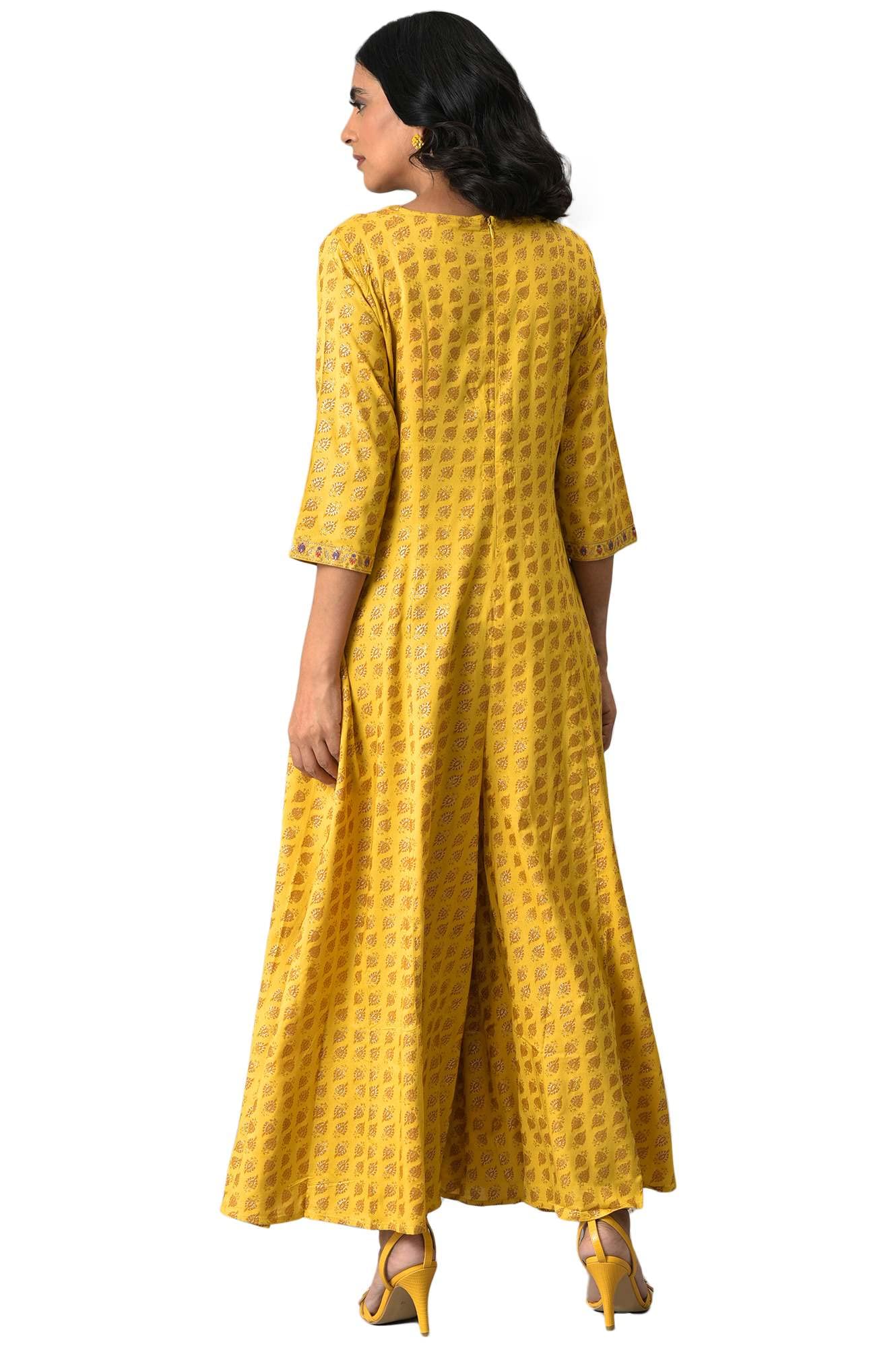 W for Woman Women's Yellow Glitter Printed Mock Layered Embellished Kimono Maxi Jumpsuit_22Auw18353-119801_3XL