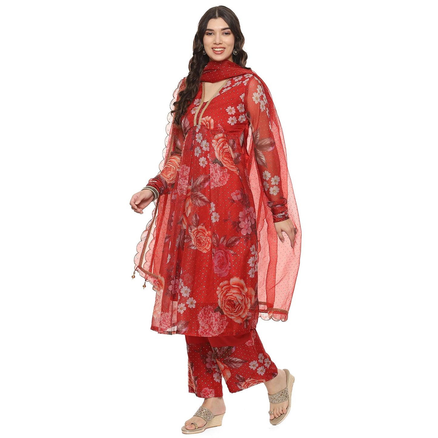 BIBA Polyester Women Printed Anarkali Salwar Kurta Dupatta(Skdpassion 9077_Red_42)