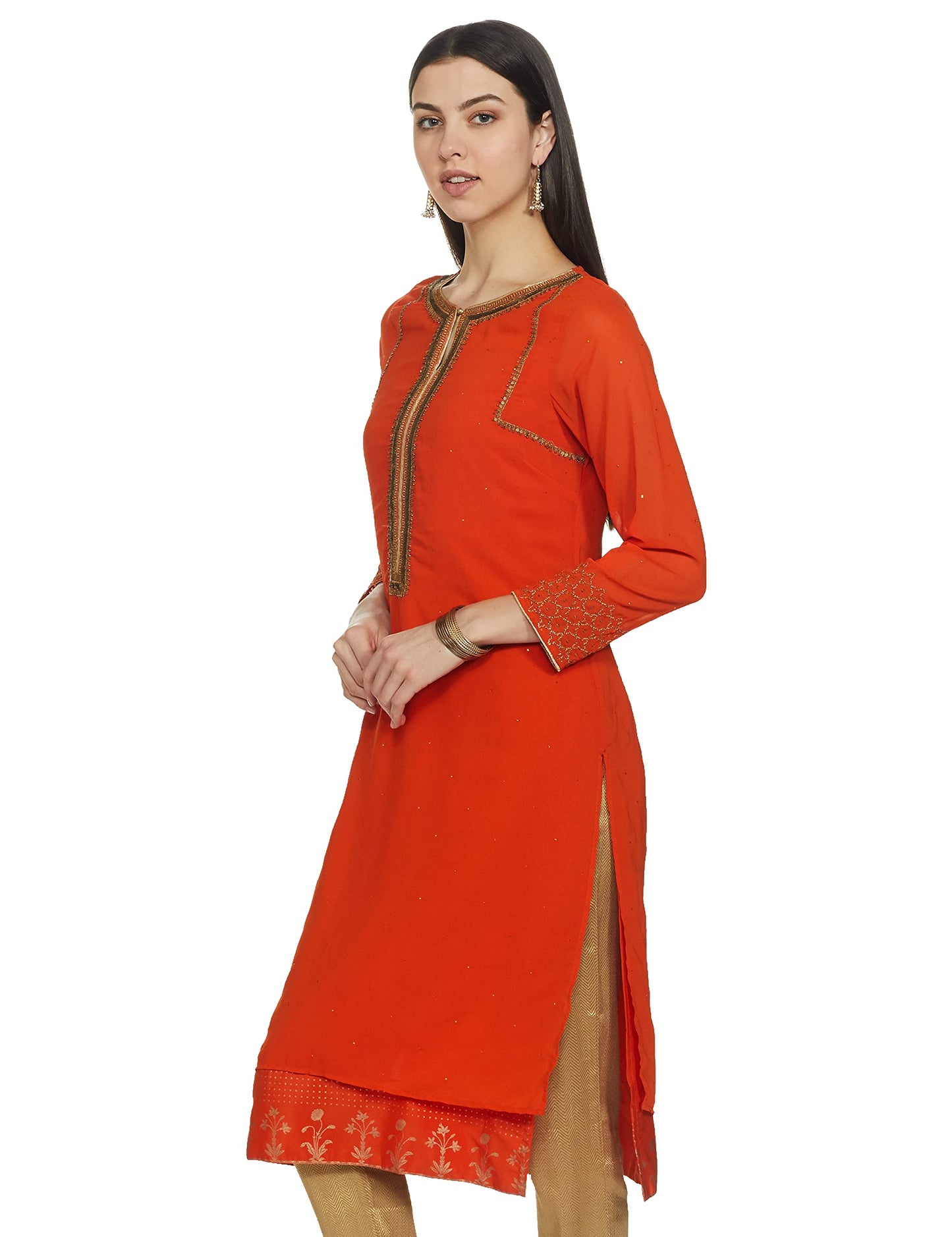 W for Woman Women's Synthetic Straight Kurta (18AUS11660-66257_Orange_6)
