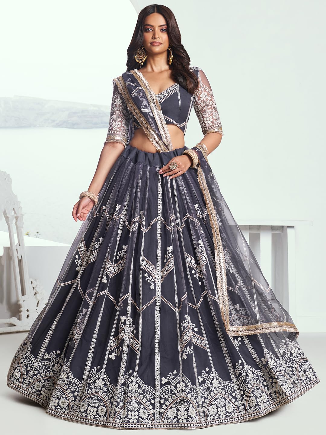 Zeel Clothing Women's Cotton Thread Sequins Work Embroidery Soft Net Readymade Lehenga Choli Set With Dupatta (Nfh-2203-Dark-Grey-Women-Lehenga-Choli-Latest; Free Size)