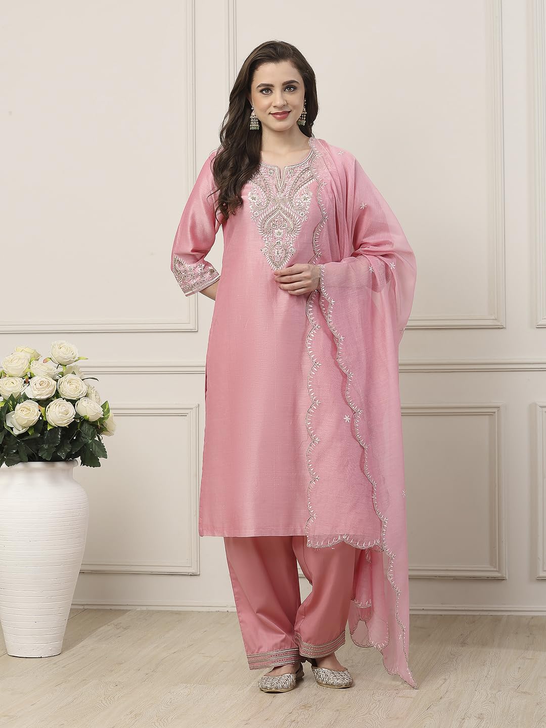 Biba Women Pink Silk Chanderi Straight Suit Set_34