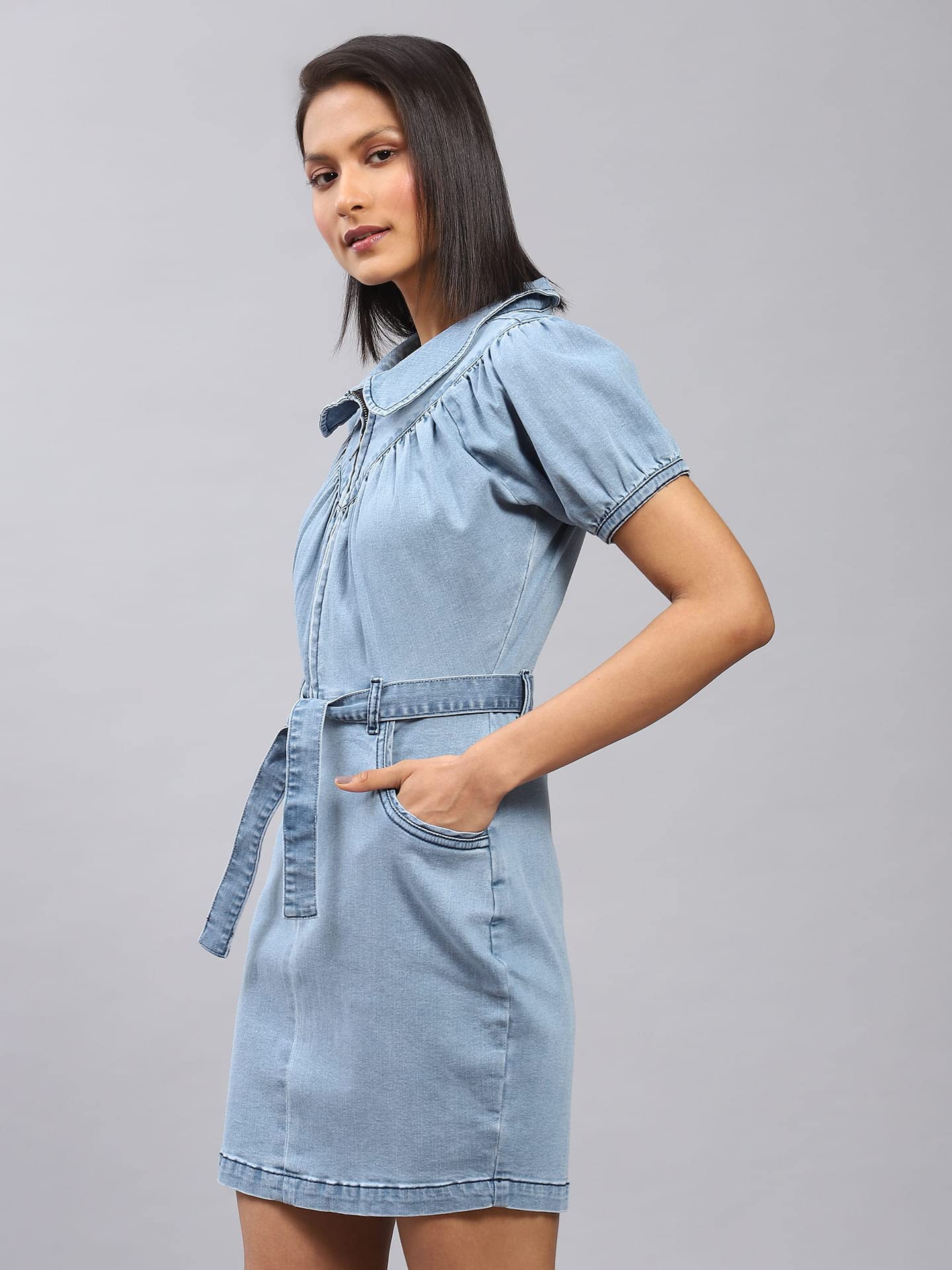 Label RITU KUMAR Light Blue A-line Denim Dress with Belt