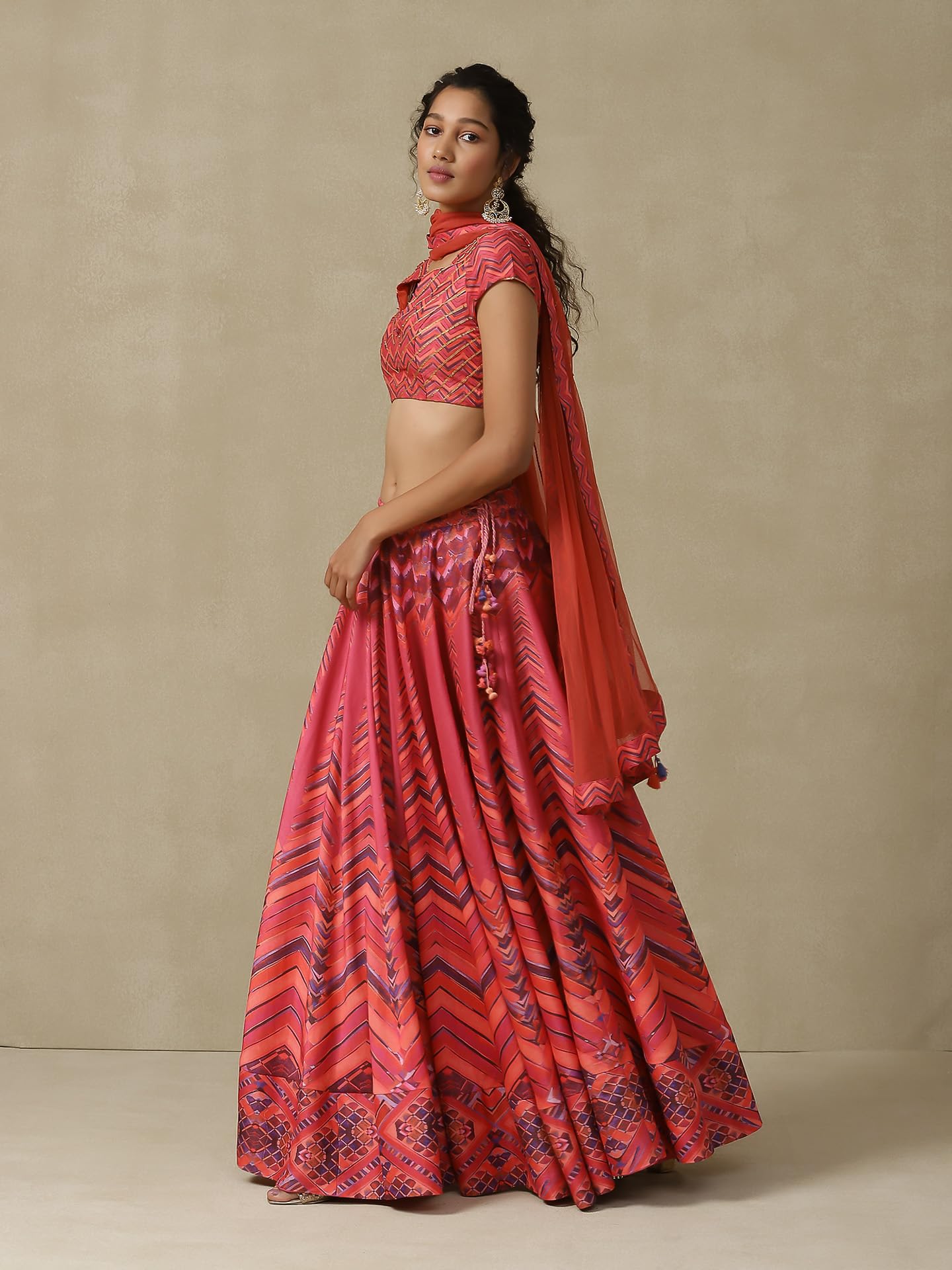 Aarke Ritu Kumar Pink Chevron Printed Lehenga With Blouse And Dupatta