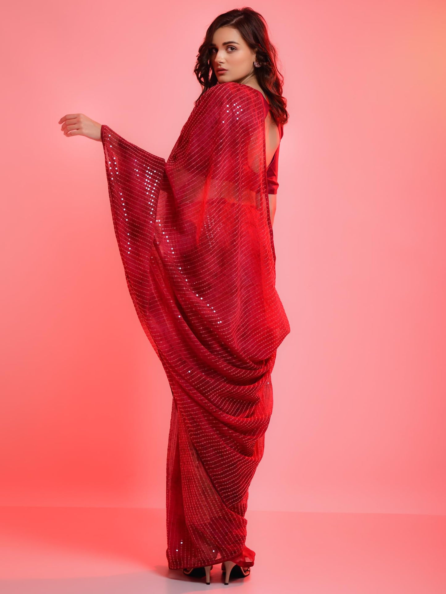 AKHILAM Women's Embellished Sequins Georgette Saree With Unstitched Blouse Piece (Red_PRIZAM153_VP)