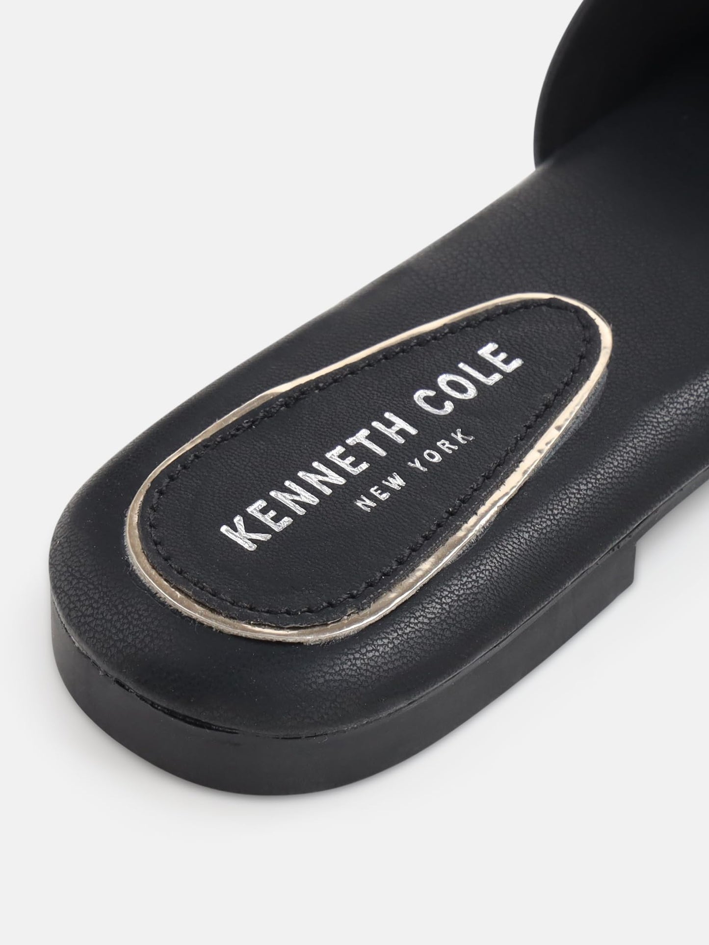 KENNETH COLE Women's Flat Slide Sandal | Synthetic | Square Toe, Rhinestone Buckle