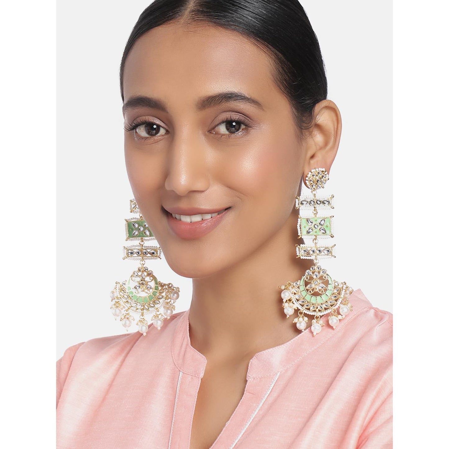 Peora Gold Plated Kundan Pearl Mint Meenakari Long Chandbali Dangle Earrings for Women