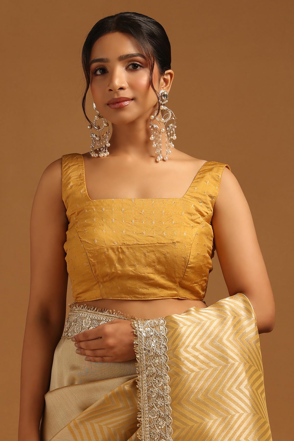 Soch Womens Gold Tissue Chevrons Zari Woven Saree With Sequins