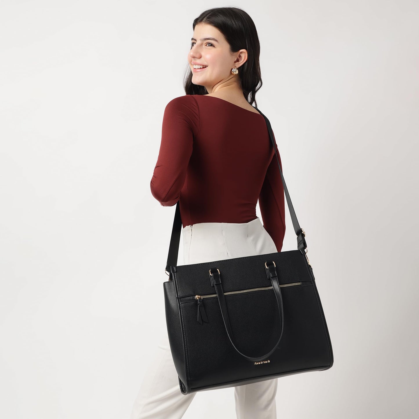 Fastrack WorkEase Structured Laptop Tote | 15" Laptop Compatibility | Made with Faux-Leather for Durability | Workwear Bags for Women | College Bags with Laptop