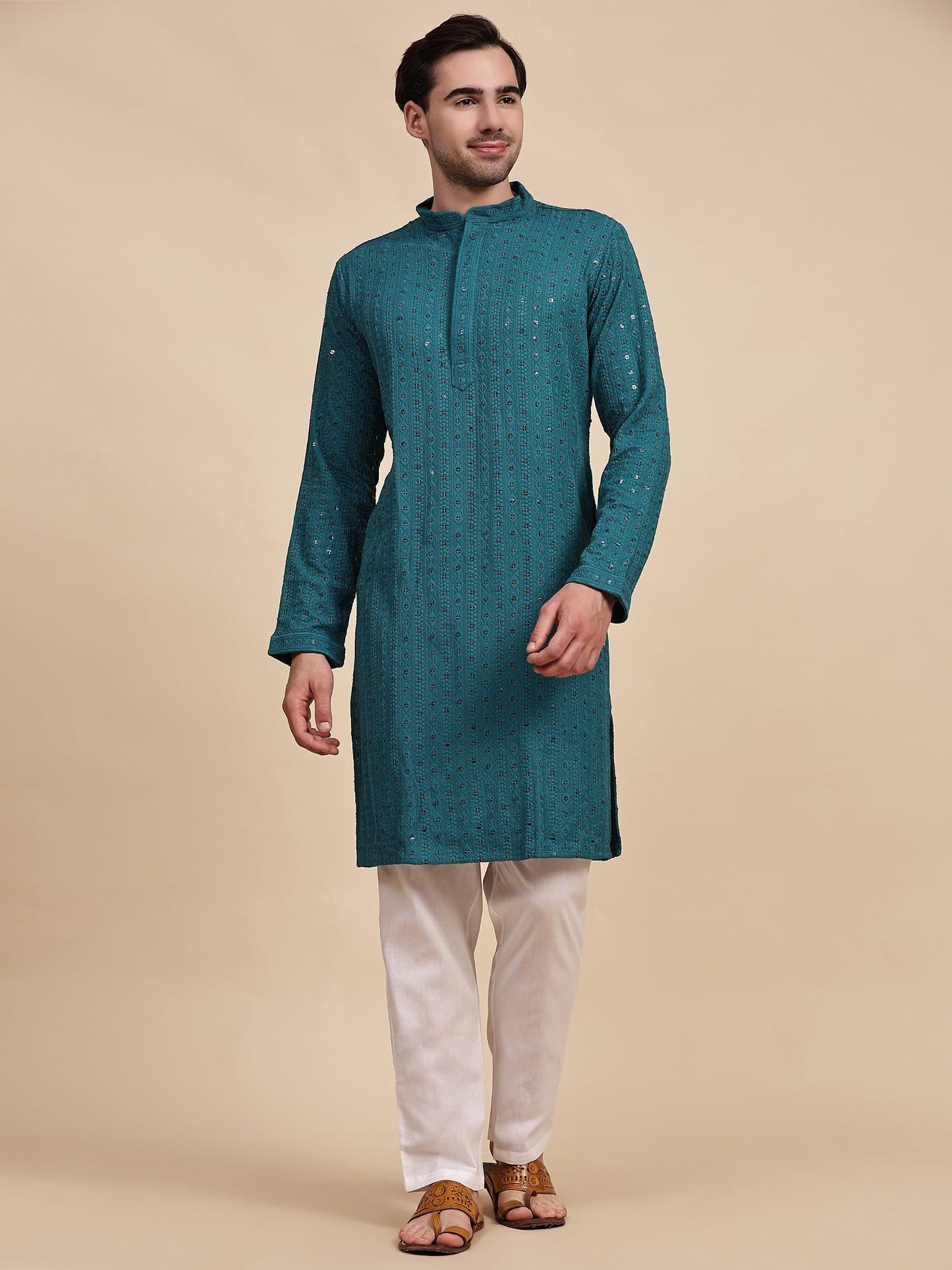 SKAVIJ Men’s Traditional Sequined Kurta Pajama Set Embroidered Party Dress Green_M
