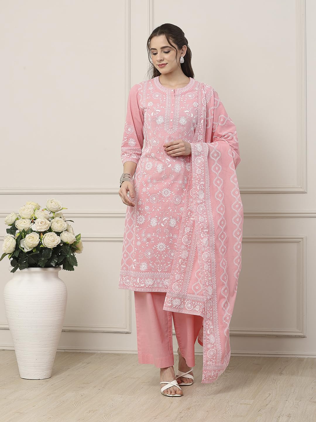 Biba Women Pink Cotton Straight Suit Set_36
