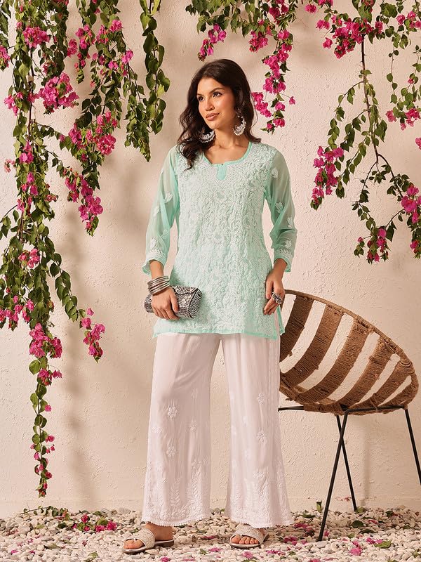 Ada Lucknowi Chikankari Hand Embroidered Modal Flared Palazzo for Women A711198