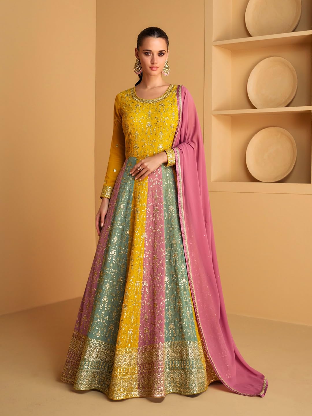 Miss Ethnik Women's Yellow Faux Georgette Stitched Top With Dupatta Full Sleeve Embroidered Anarkali Gown (ME-1183-Yellow-XL)