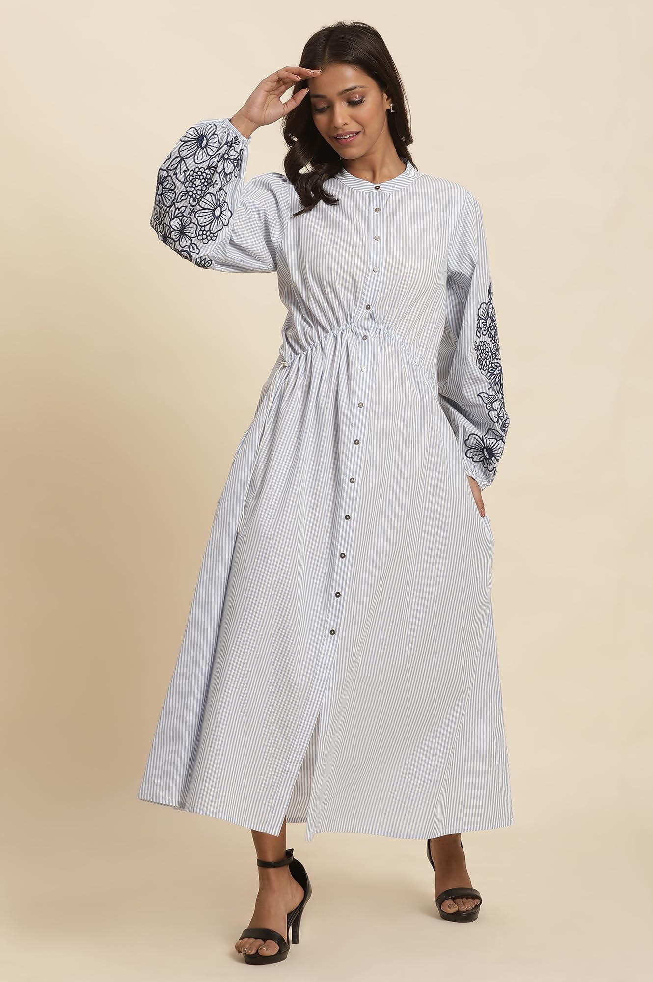 W Women White Striped Print Cotton A-Line Dress_24FEW10715-830329_M