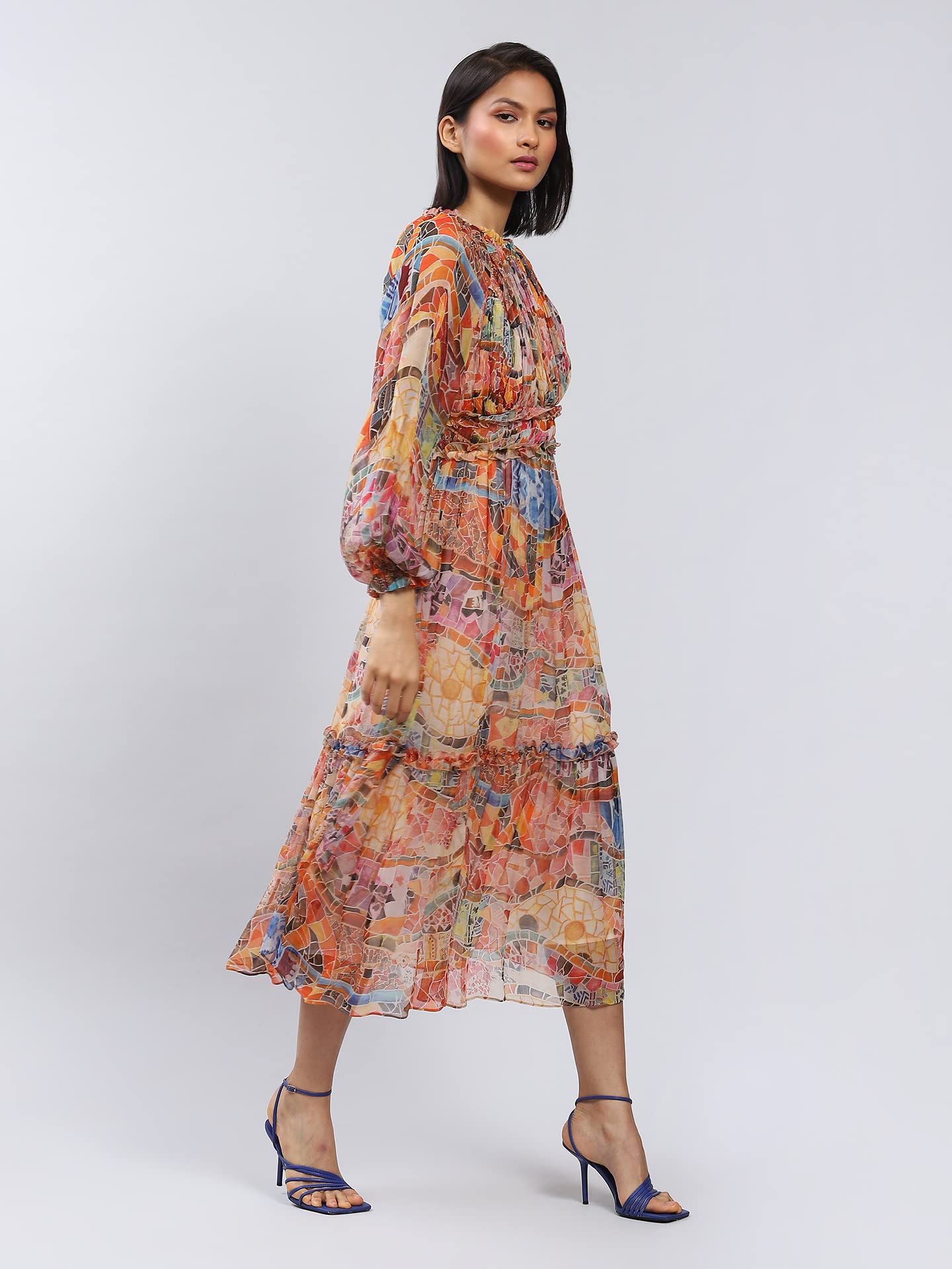 Label RITU KUMAR Round Neck Full Sleeves Long Dress Multicolour