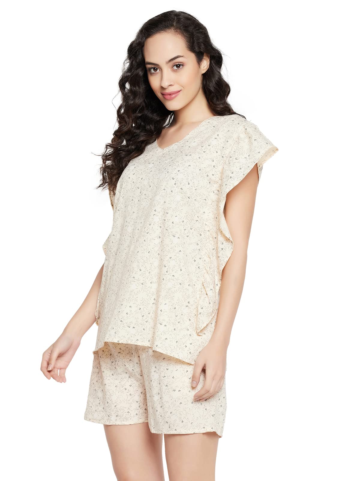 Clovia Women's Cotton Pretty Florals Kaftan Top & Short Set(LS0607P24_Beige_XL)