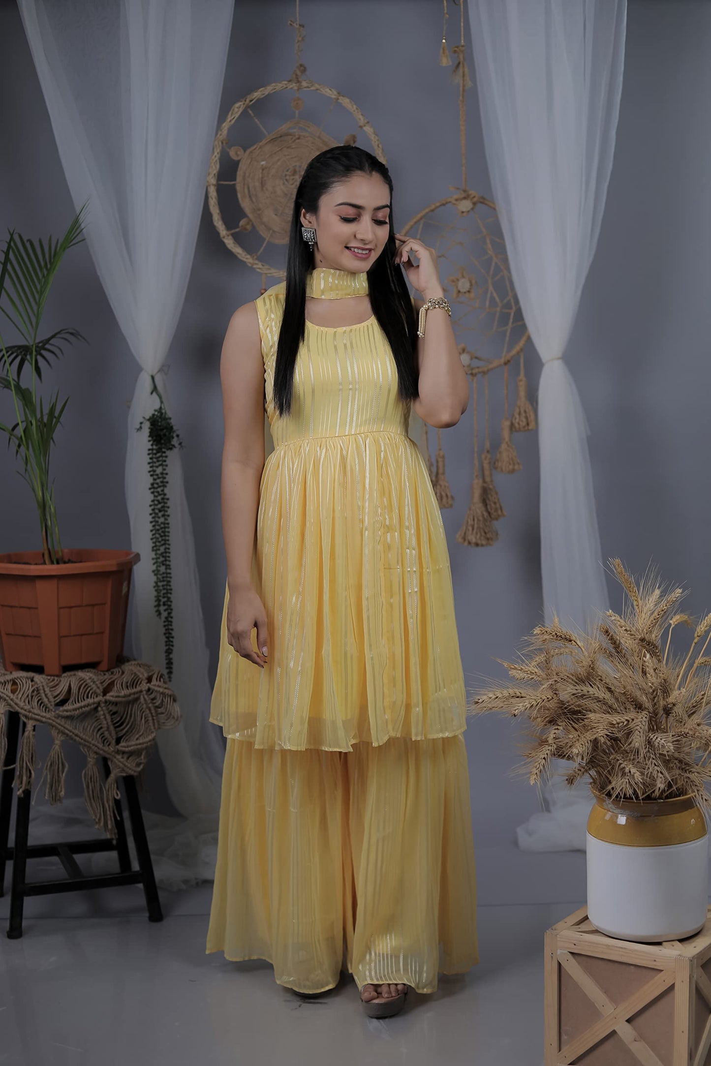 Sashay Boutique Women's Georgette Silk Blend Kurta Sharara and Dupatta Set/Readymade Kurta Sharara Dupattta Set (X-Small, Yellow)