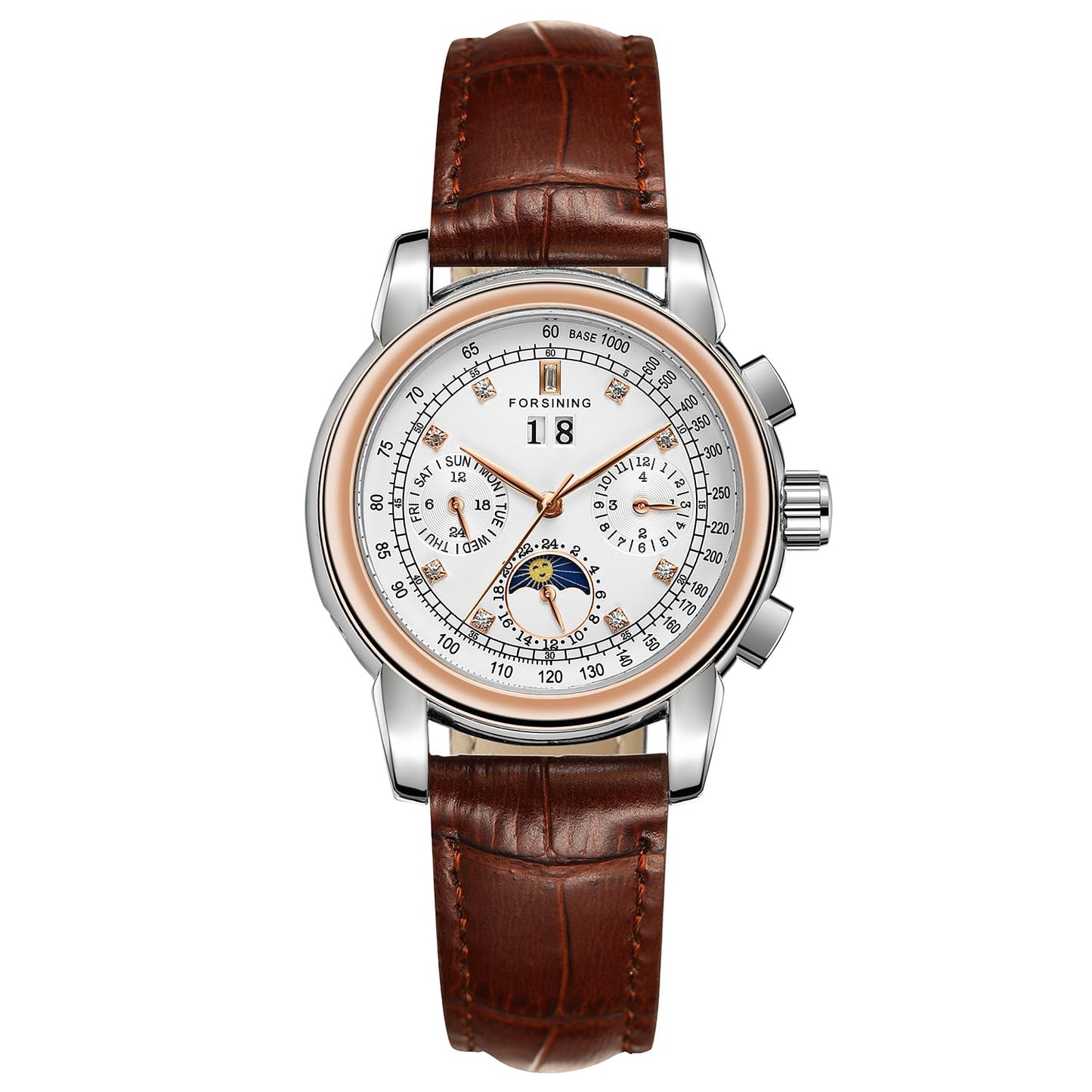 FORSINING Women Waterproof Automatic Business Watch Lady Calendar Self Winding Stainless Steel Moon Phase Wrist Watch, 1-Rose Gold, Modern
