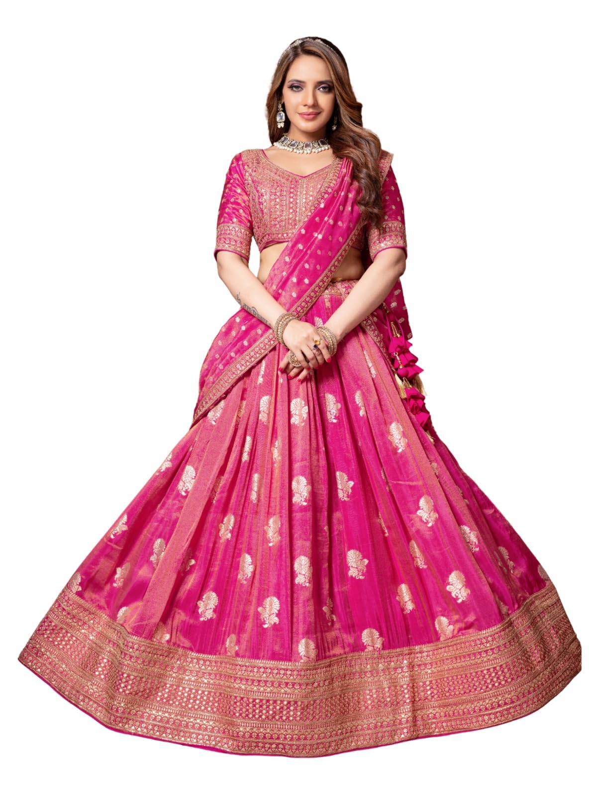 ADHIA Women's Tissue Silk Embroidery Work Lehenga Choli With Dupatta Set (Standard, Rani (pink), Large)