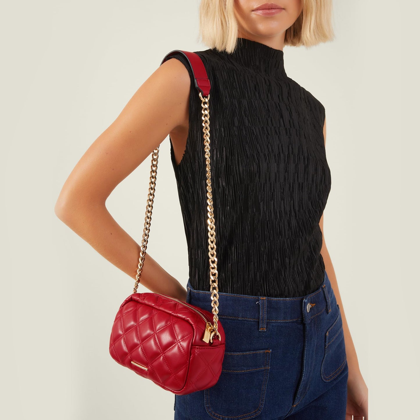 Accessorize London Women's Red Quilted Chunky Chain Camera Bag