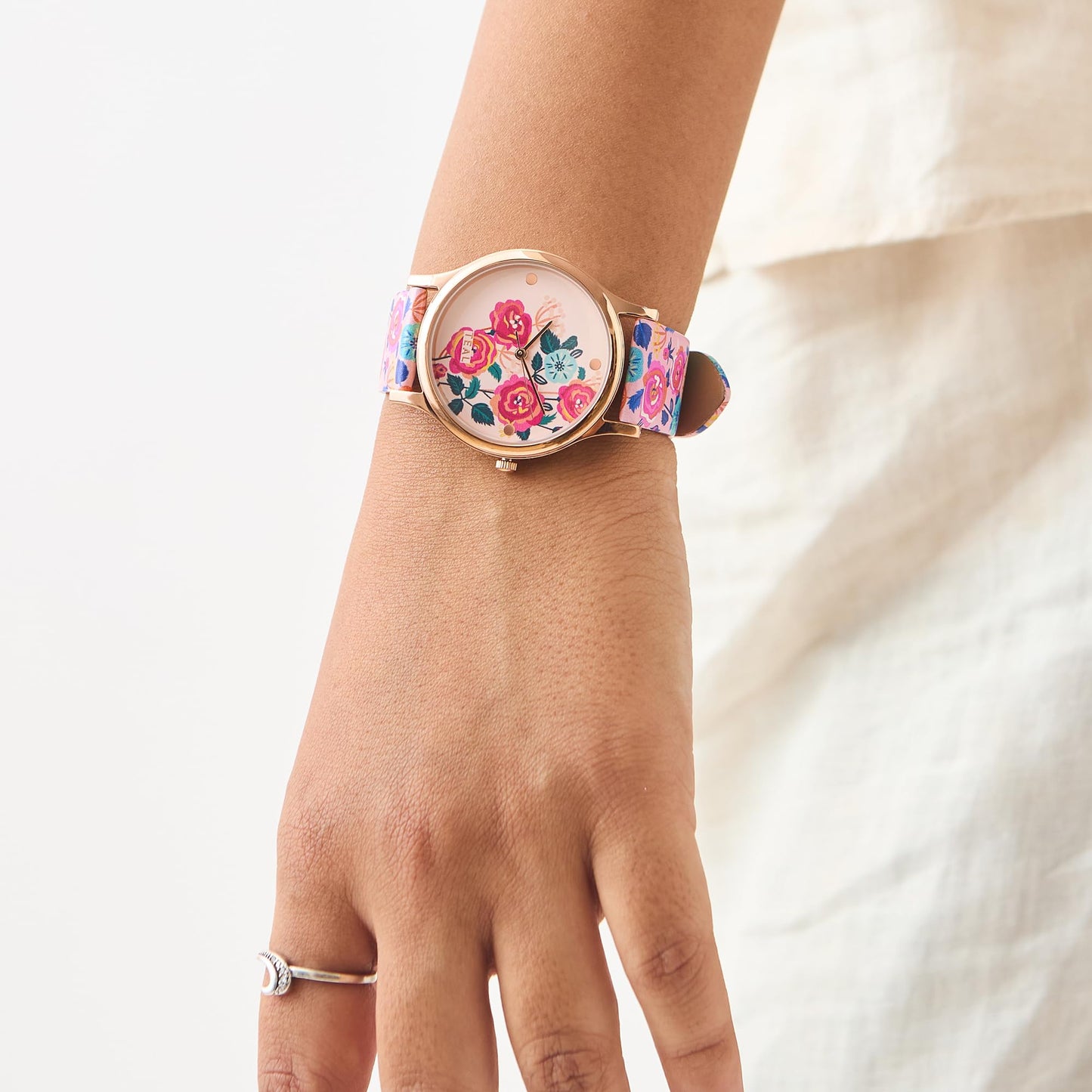 TEAL BY CHUMBAK Round Dial Analog Watch for Women,Rose Garden Collection, Printed Vegan Leather Strap,Gifts for Women/Girls/Ladies,Stylish Fashion Watch for Casual/Work - Pink