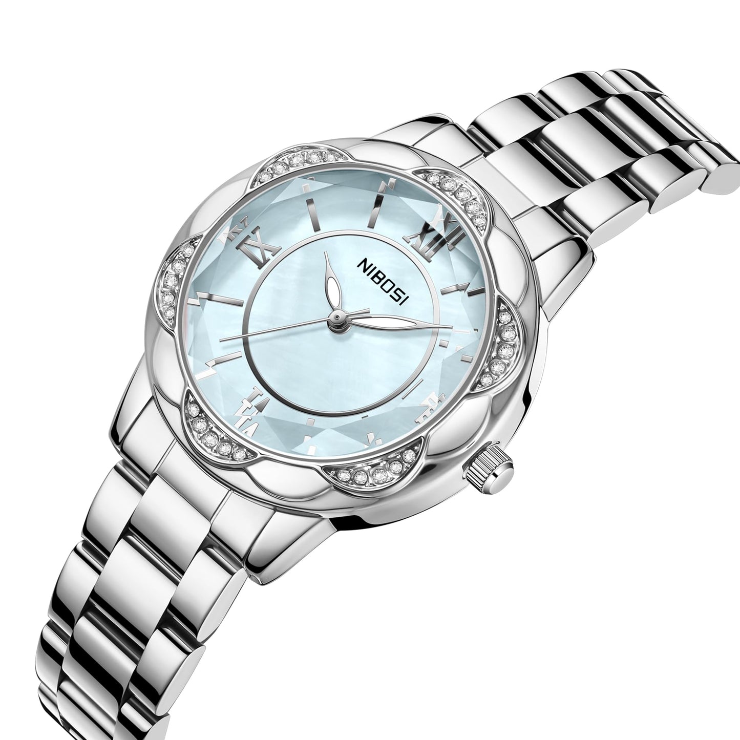NIBOSI Watches for Woman Analog Quartz Rose Gold Fashion Luxury Ladies Wrist Watch Diamond Stylish Elegant Watches Waterproof (Silver Blue)