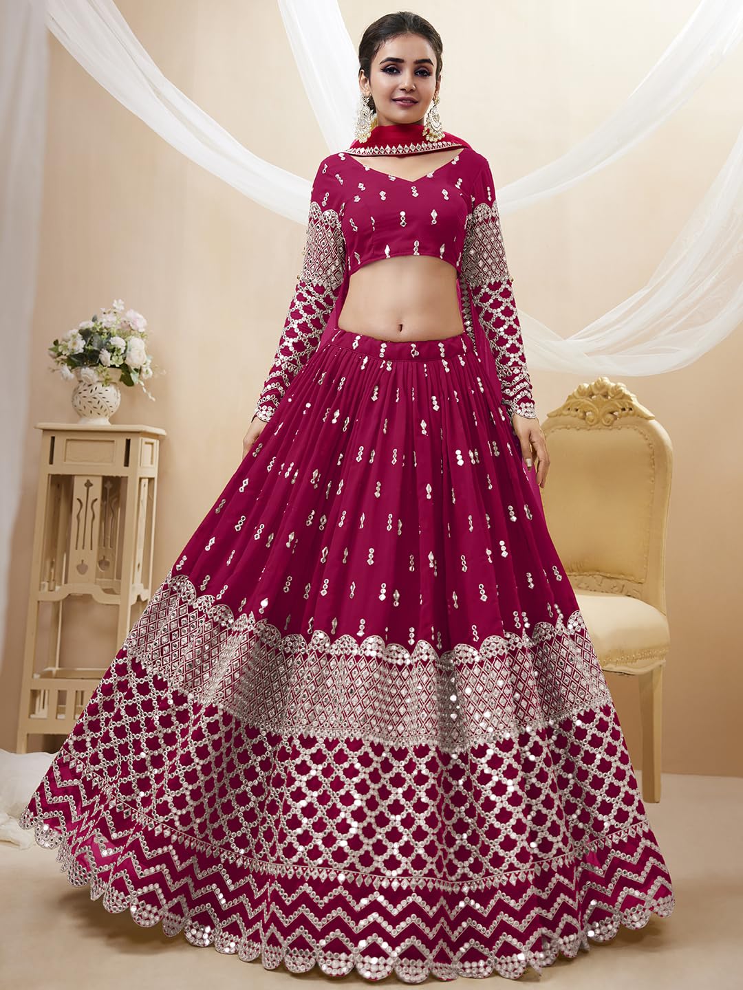 Zeel Clothing Women's Georgette Semi-Stitched Lehenga Choli Hot Pink Free Size