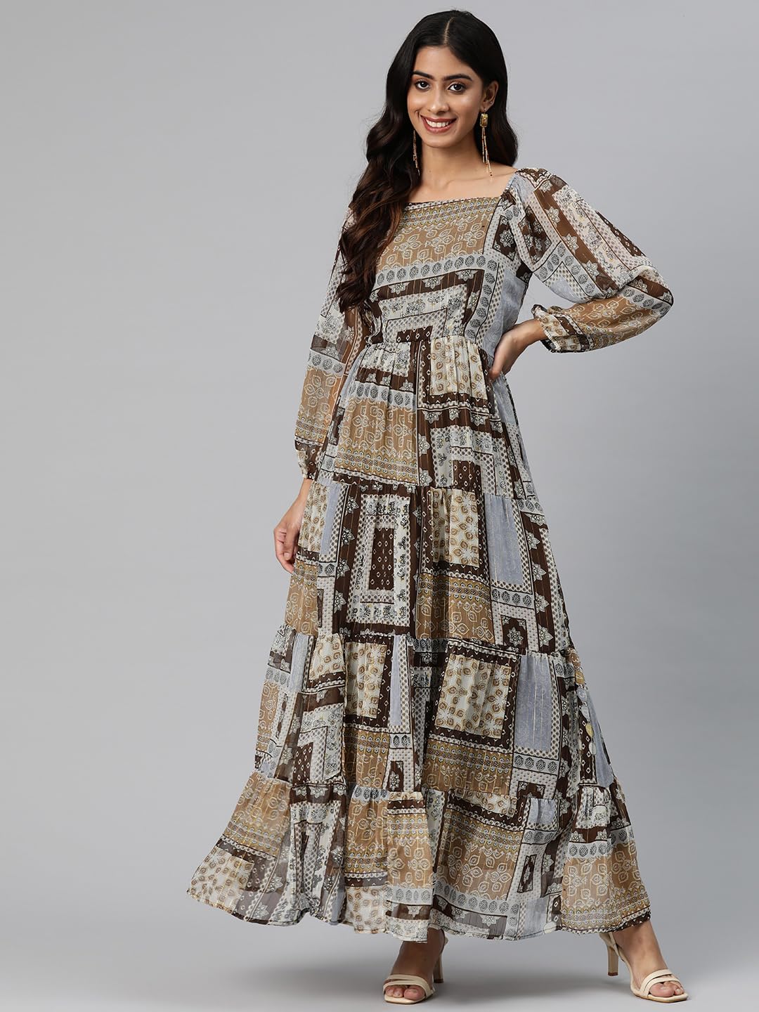 Cottinfab Women Brown Ethnic Motifs Print 3/4 Puff Sleeve Georgette Maxi Dress