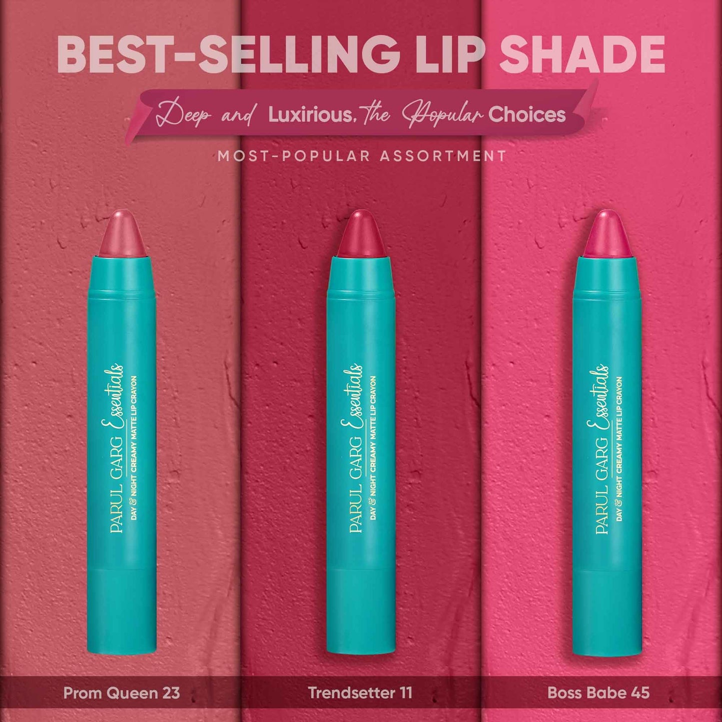 Parul Garg Beauty All-Time Bestsellers Lip Crayon Set | Top 3 Creamy Matte Lipsticks | Rose Pink, Berry & Fuchsia | Bestselling Shades | Vegan, Paraben-Free | Made in India (Trio Pack)