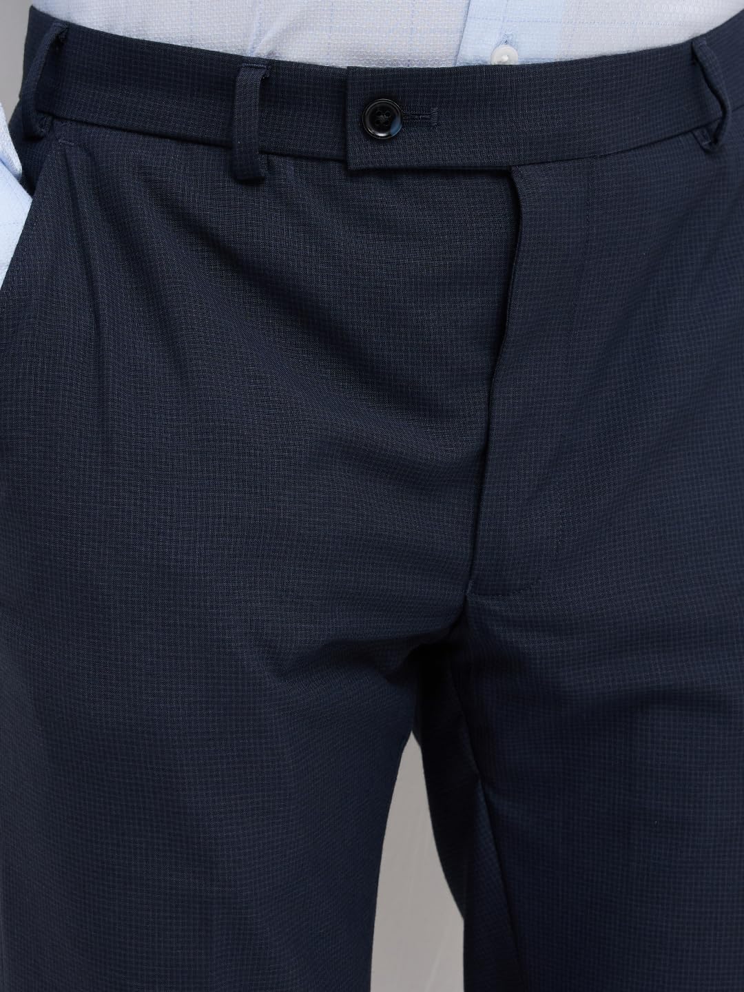Park Avenue Men Slim Fit Checks Pattern Polyester Blend Flat Front Formal Trouser Dark Blue