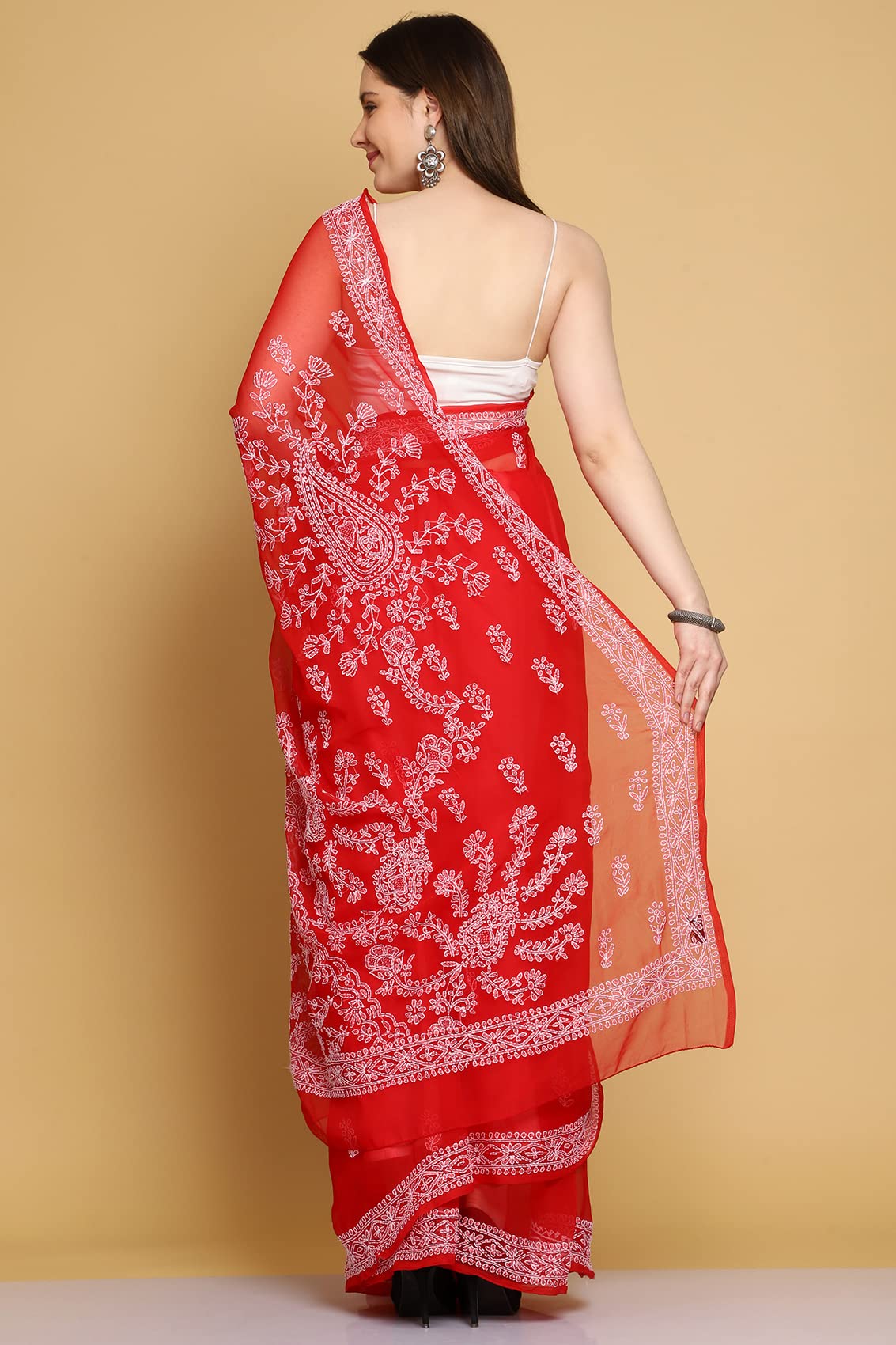 Ada Handcrafted Lucknowi Red Georgette Chikan Saree with Blouse Piece for Women A130218