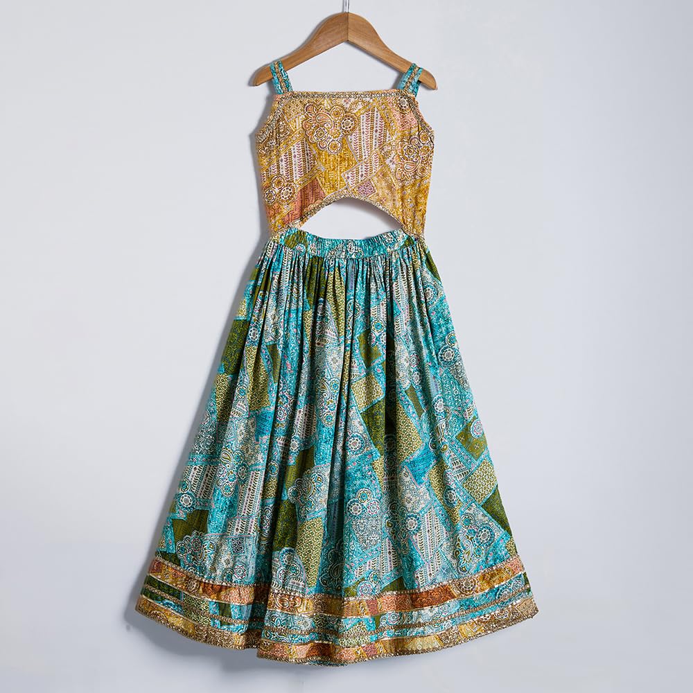 Hopscotch Girls Sleeveless Blue 2-Pc Lace Embellished Cotton Lehenga Choli Set For Ages (6-12 Months)
