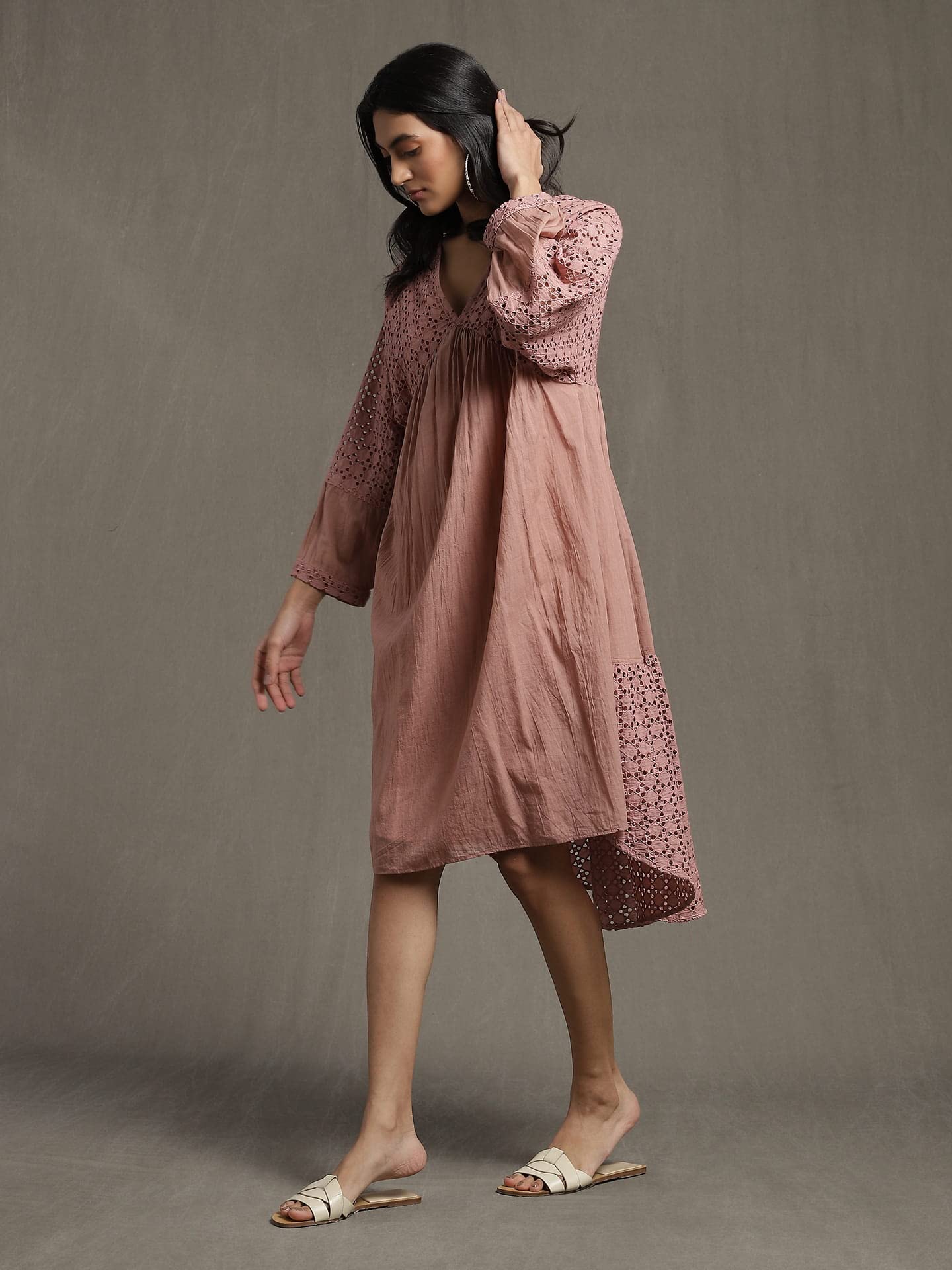 Ritu Kumar Pink Gathered Schiffli Short Dress