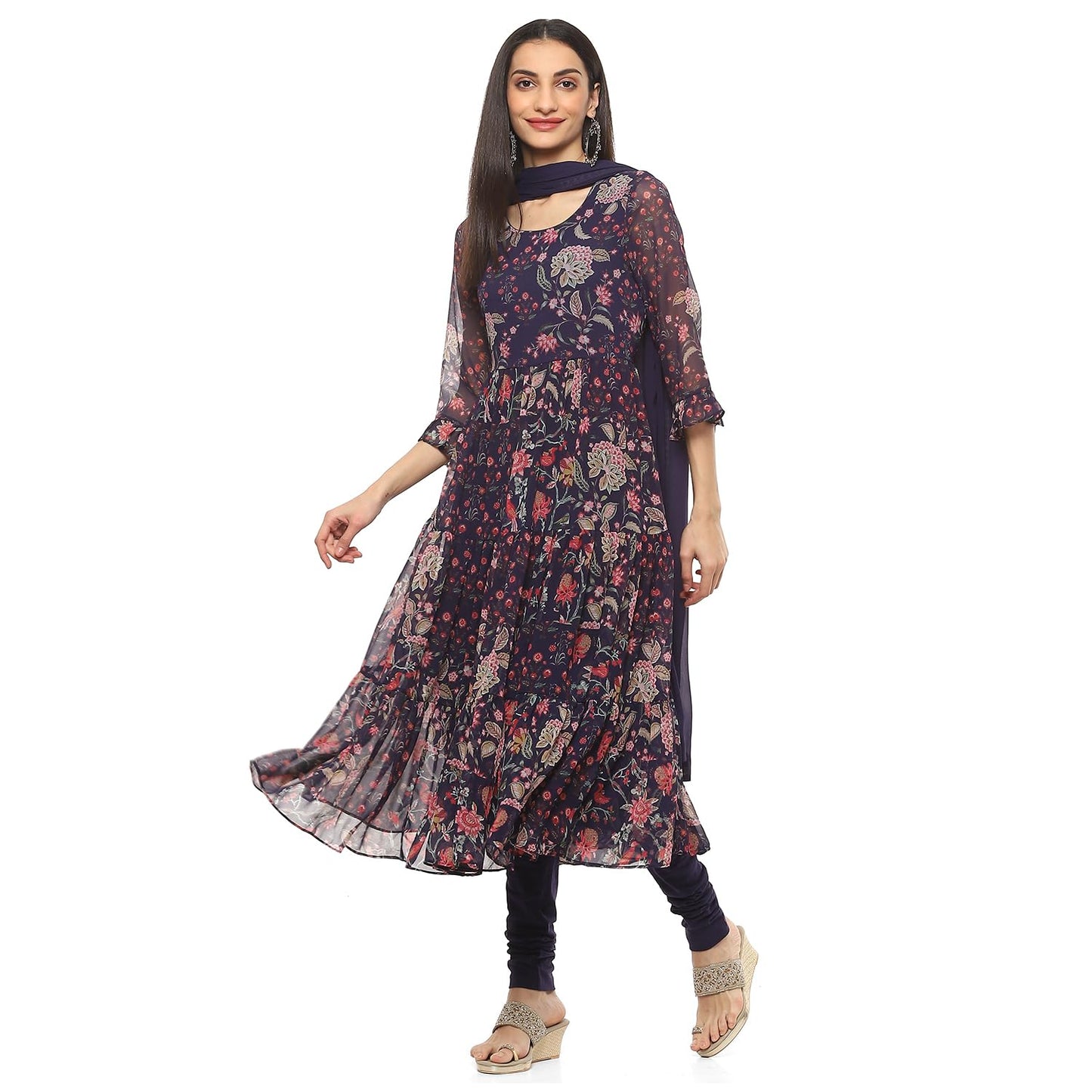 Biba Women Polyester PRINTED ANARKALI SALWAR KURTA DUPATTA(SKD8953_INDIGO_34)