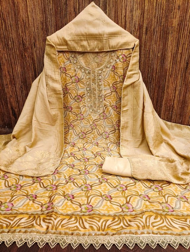 VARNI FABRICS Organza Dress Material for Women Floral Print Unstitched Woman Salwar Suit Dress Material With Organza Dupatta Beige