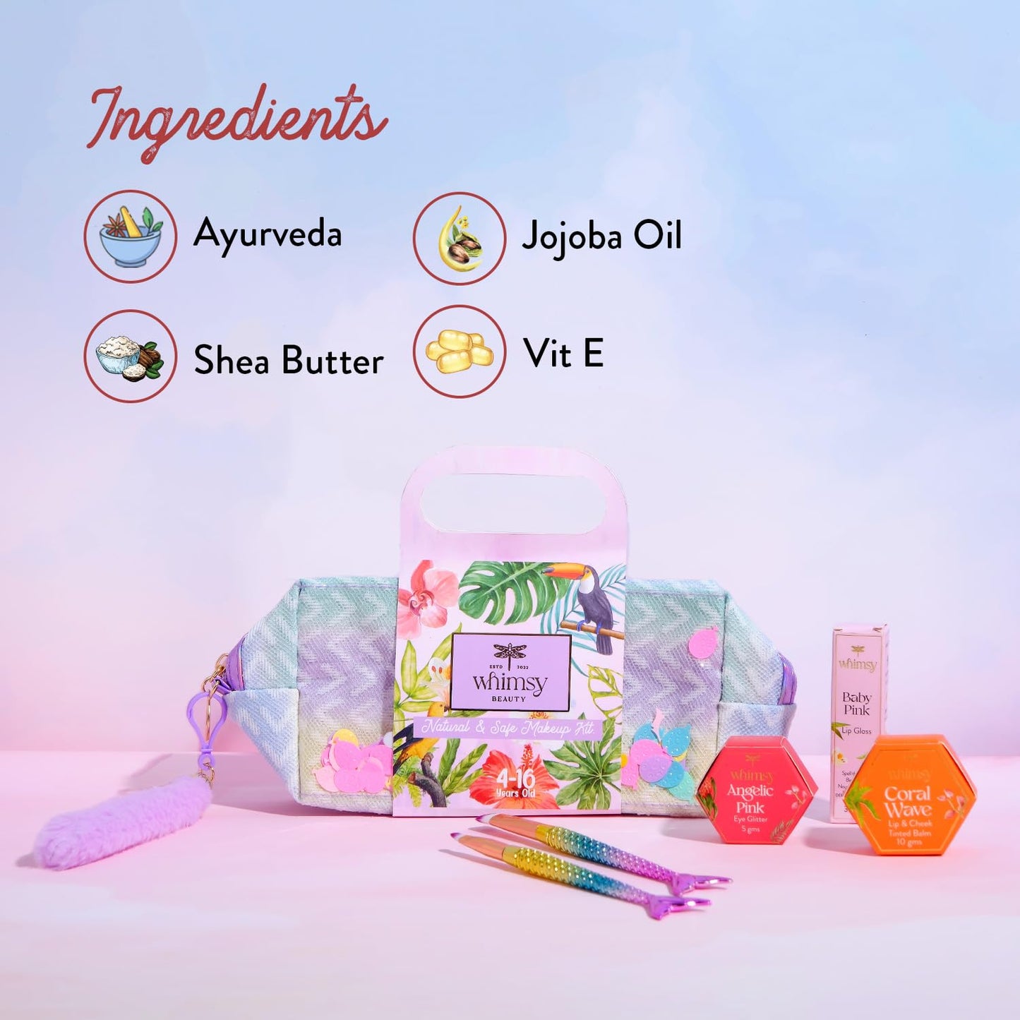 Whimsy Beauty 5-Piece Organic Makeup Kit for Girls, Preteens & Teens | Safe & Skin-Friendly Beauty Set | Non-Toxic Real Toy Makeup | Eye Glitter, Lip Cheek Tint, Kids Lip Gloss & Mermaid Brushes