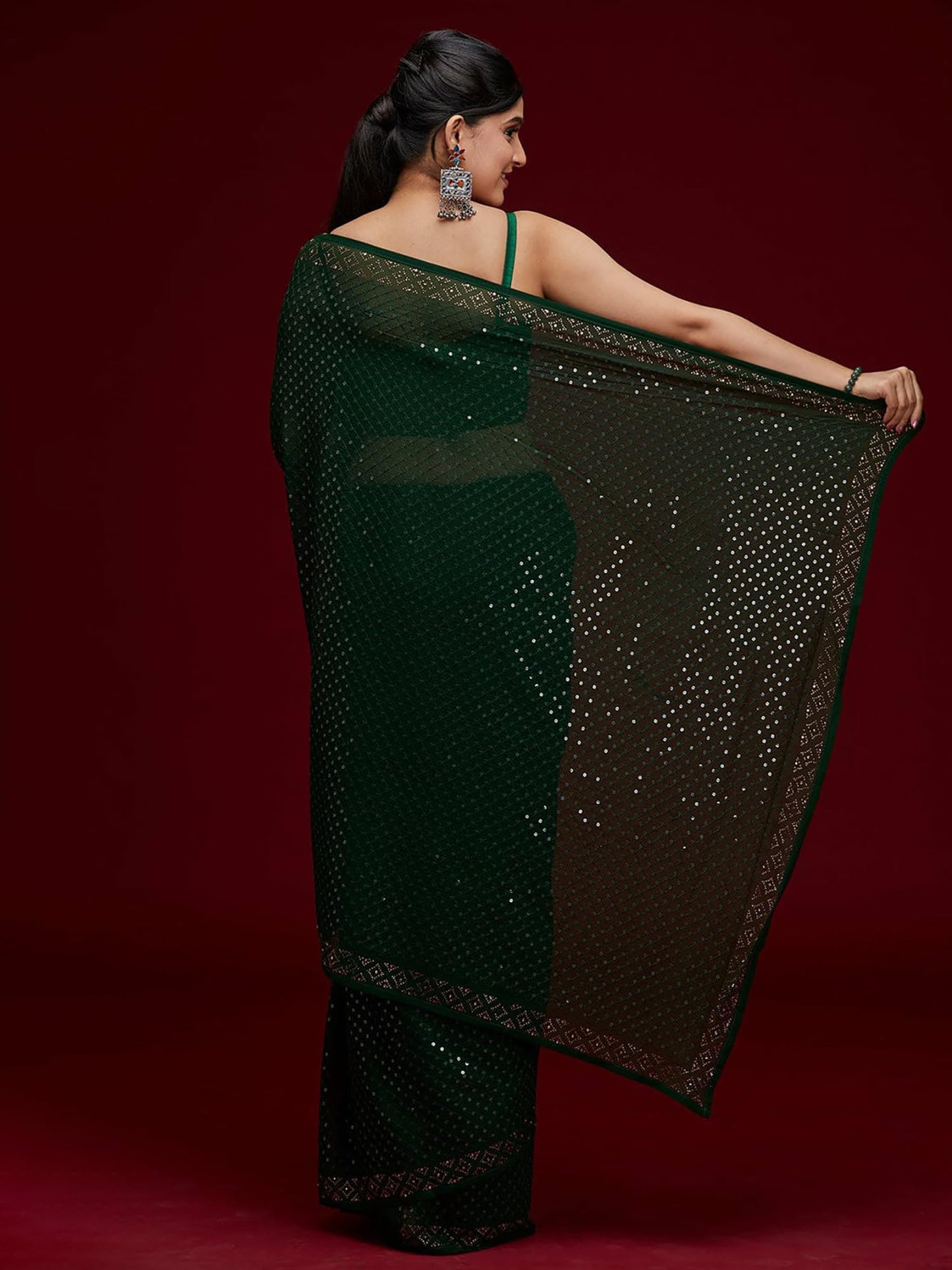 AKHIALM Women's Embellished Printed Sequins Georgette Saree With Unstitched Blouse Piece (Green_AAVYA501_HV)