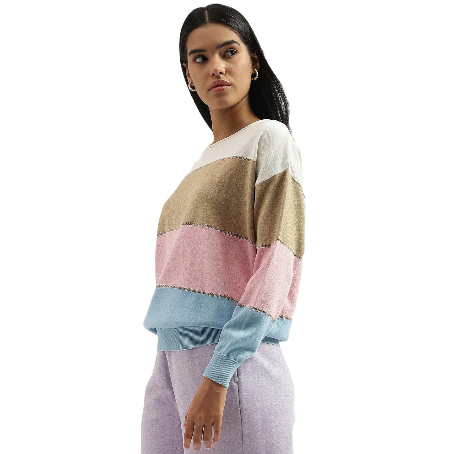 United Colors of Benetton Round Neck Colorblock Top (Size: L)-24A1LURCB704I901 Multicolour