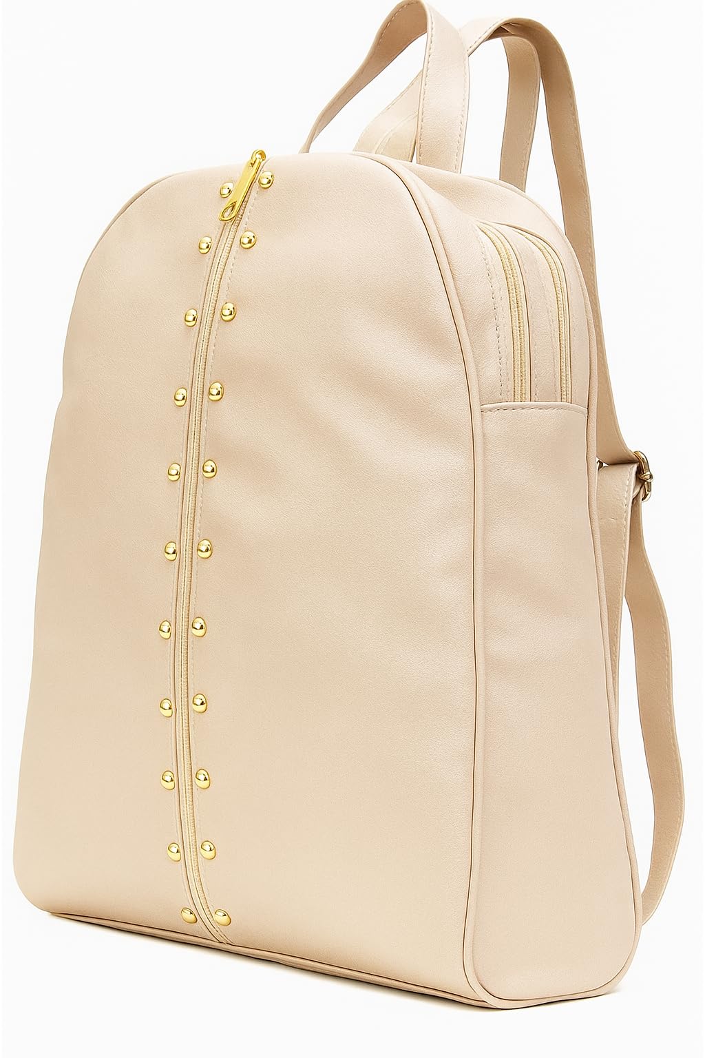 RN Store's Beige Fashion Backpack for Women – Faux Leather Bag with Gold Studded Front Zipper – Trendy Lightweight Backpack for Travel, Office & Casual Use