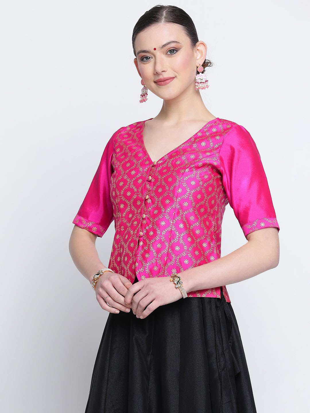 studio rasa Women's Silk Blend Block Printed Button Down Blouse for Wedding Festive Party (TPWC224BL17L_Large_Pink)