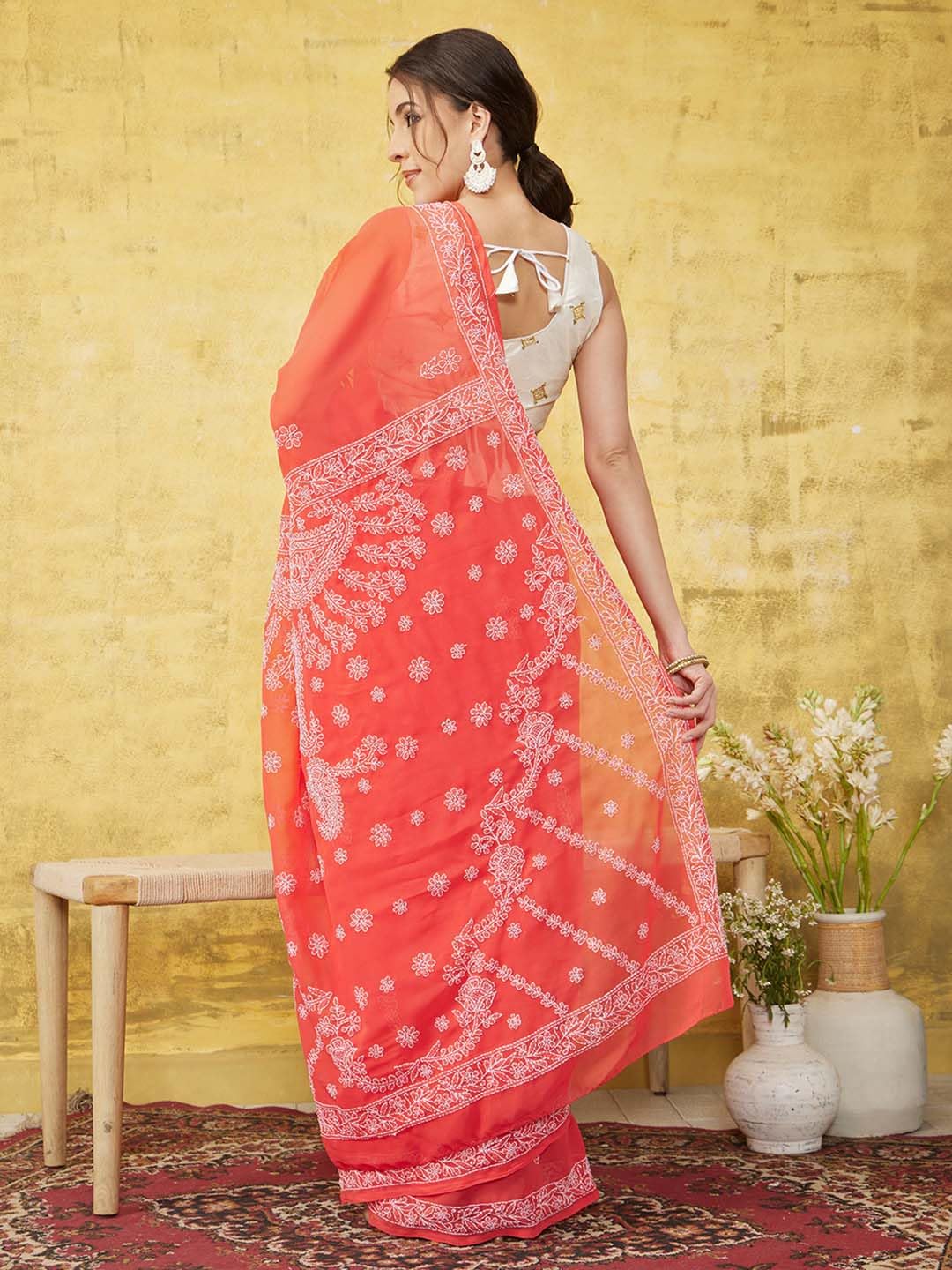 Ada Women's Hand Embroidered Lucknow Chikan Faux Georgette Saree with Blouse A219386 Carrot Pink