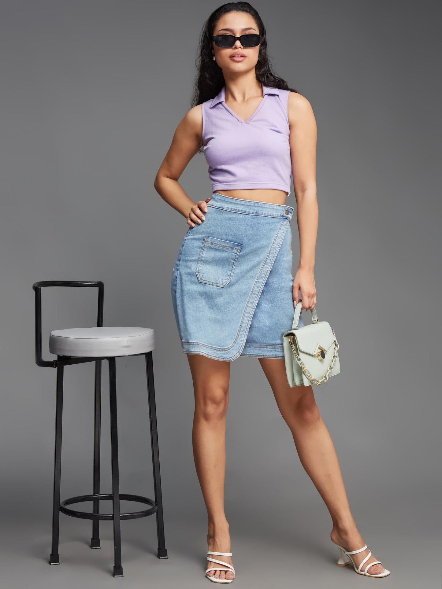 Miss Chase Women's Flared High-Rise Stretchable Denim Maxi Skirt (MCSS24DEN94-23-54-36, Sky Blue, 2XL)