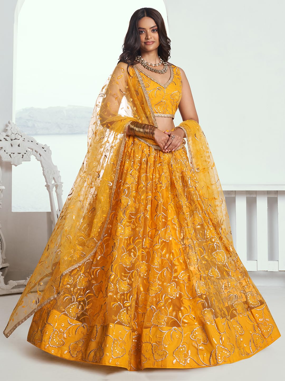 Zeel Clothing Women's Cotton Thread Sequins Work Embroidery Soft Net Readymade Lehenga Choli Set With Dupatta (Nfh-2204-Yellow-Women-Lehenga-Choli-Latest; Free Size)
