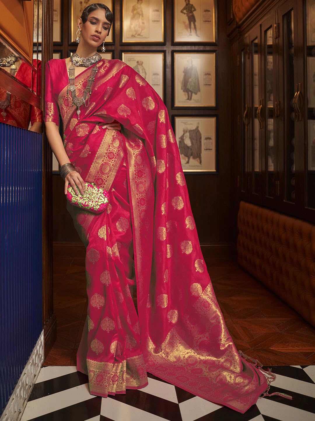 SWORNOF Womens Kanjivaram Banarasi Silk Saree Patola saree with Unstitched blouse piece (RANI)
