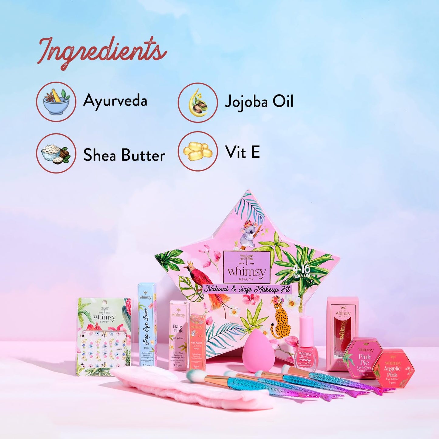 Whimsy Beauty 14-Piece Organic Makeup Kit for Girls & Teens|Real & Non-Toxic Beauty Set|Safe Toy Makeup with Lip Balm, Eye Glitter, Eyeliner, Lip Gloss & Mermaid Accessories|Birthday Gift for Kids 4-16 years