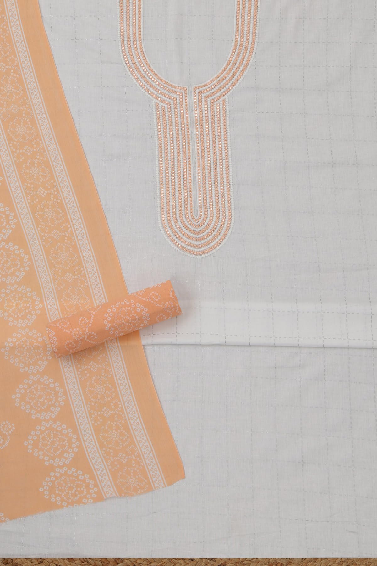 Soch Womens White Cotton Checks Dress Material With Machine Embroidery and Sequin Details