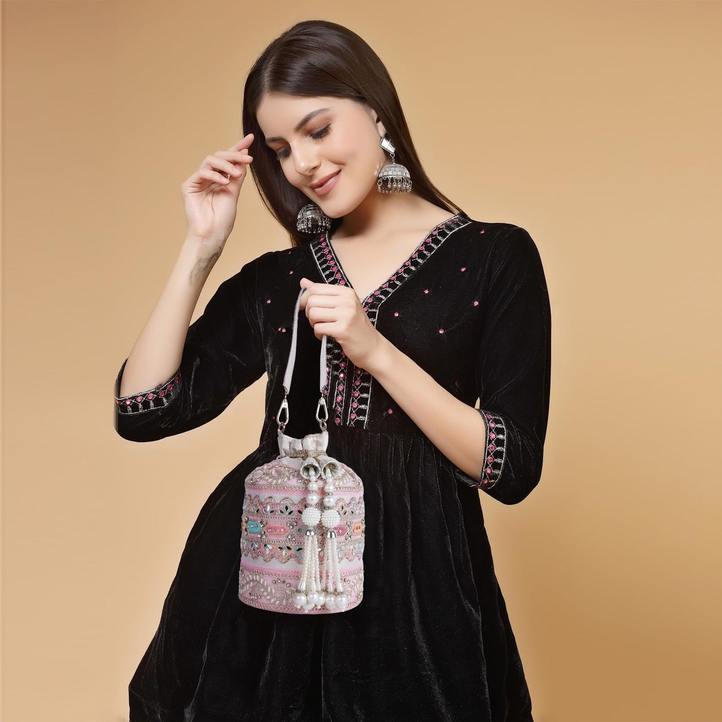 PLANX Velvet SilK Stylish Embroidery Unique Design Trendy Traditional Ethnic Wedding Party Handheld Potli For Women